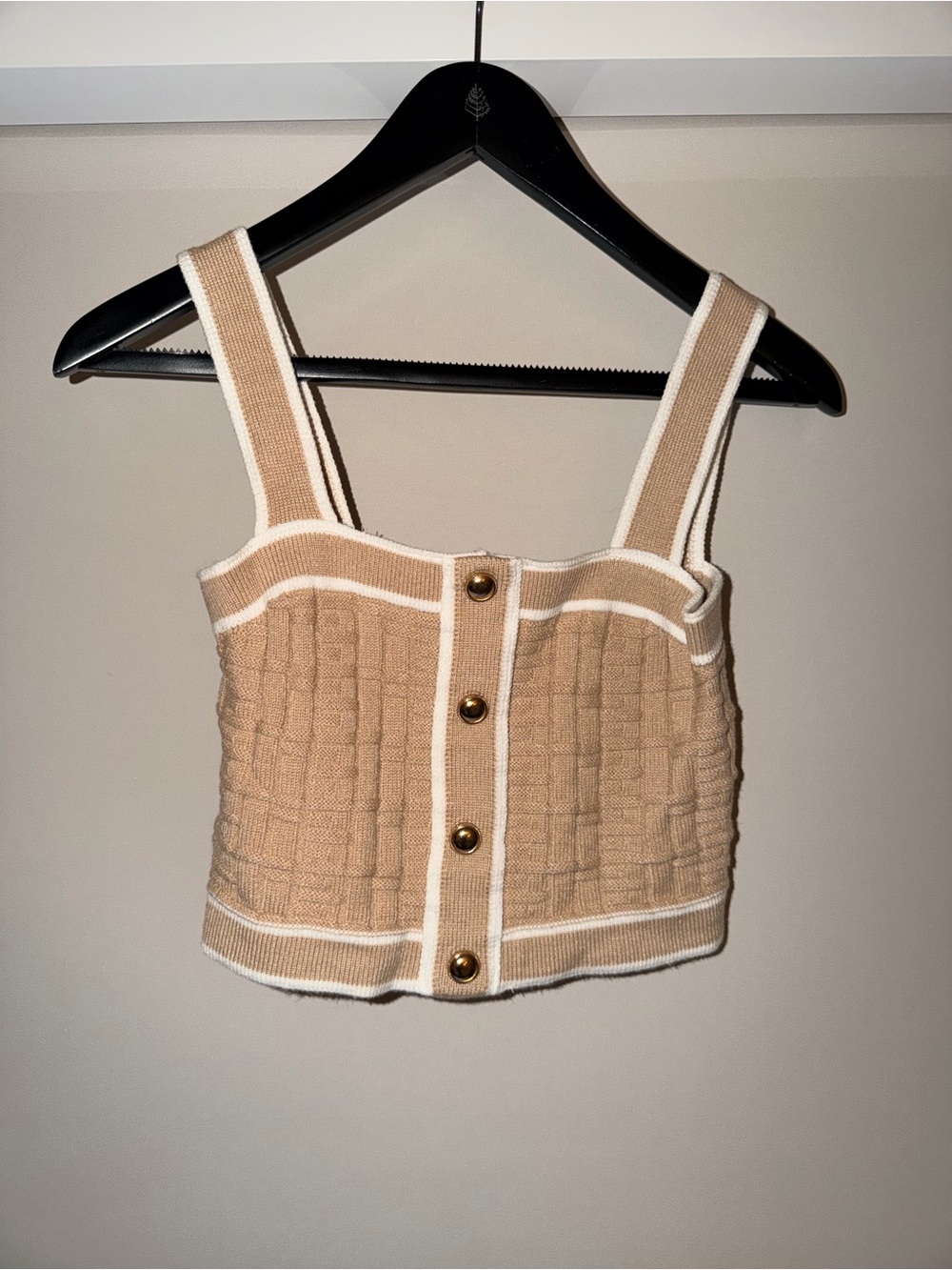 Neutral Beige Knit Crop Tank with Contrast Trim